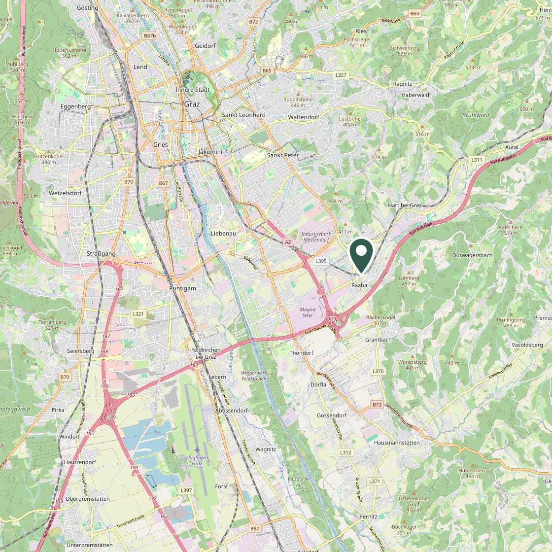 Karte: Das Apartment liegt in Raaba, südöstlich des Grazer Stadtzentrums und nordöstlich des Flughafens Graz, nahe der Südautobahn A2
